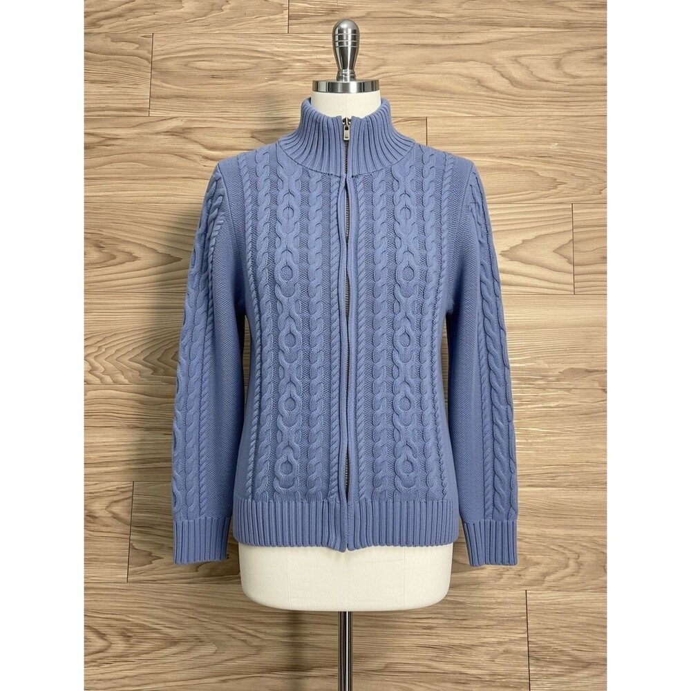L.L. Bean Double L Cable Knit Cardigan Sweater Full Zip Blue Women's Size M